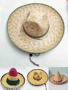 1pc Mexican Outdoor Sun Protection Straw Hat, Pom Pom Straw Hat, Party Straw Hat, Performance Prop Straw Hat, Colorful Straw Hat, [Random Color] Party Straw Hat Performance Hat Prop Colorful Hat, Dance Party Photo Prop - Straw Hat - View 1
