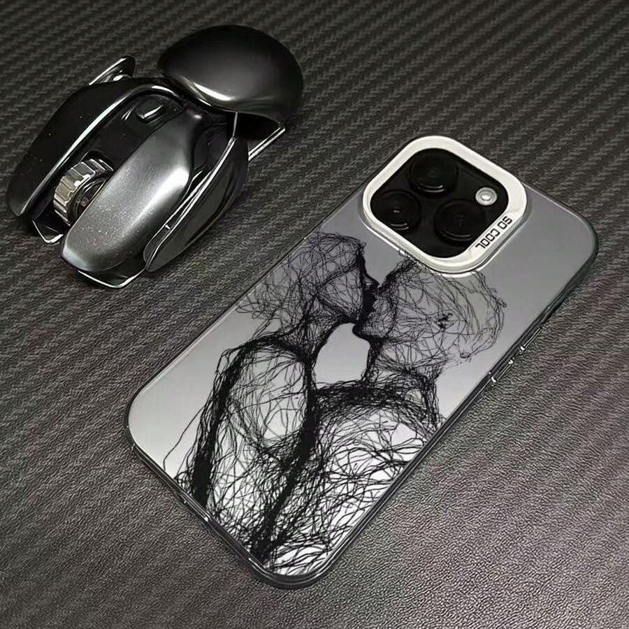 Line Kiss Is Suitable For Apple 16 Phone Cases, 17 New Model, 15 Pro For Couples, 14 Pro Creative, 13 Premium - 彩銀殼-白色-線條親吻 - 查看 1