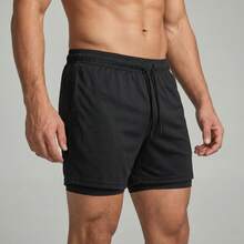 2-In-1 Double Sports Dry Fit Shorts With Pocket Gym Shorts Sports Shorts - Black - View 4