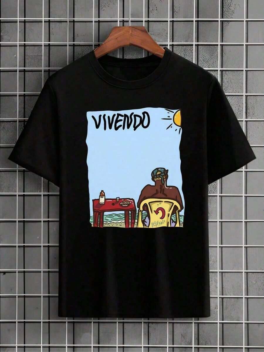 New Hot SellingCamiseta Casual de Verano Vivendo, Blusa Unisex para Hombre y Mujer,  Cotton Polyester Polyester, Nueva Llegada, Envío Inmediato, Negro, Blanco, Tallas Grandes - Negro - Ver 1
