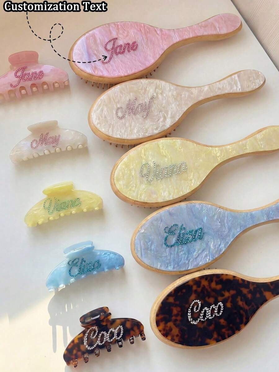 2pcs/Set Rhinestone Hair Accessories, Customized Name Claw Clip, Acrylic Shiny Marble Pattern Hair Comb & Clip Set, Bridesmaid Gift, Birthday Gift, Personalized Gift - Multicolor - View 1