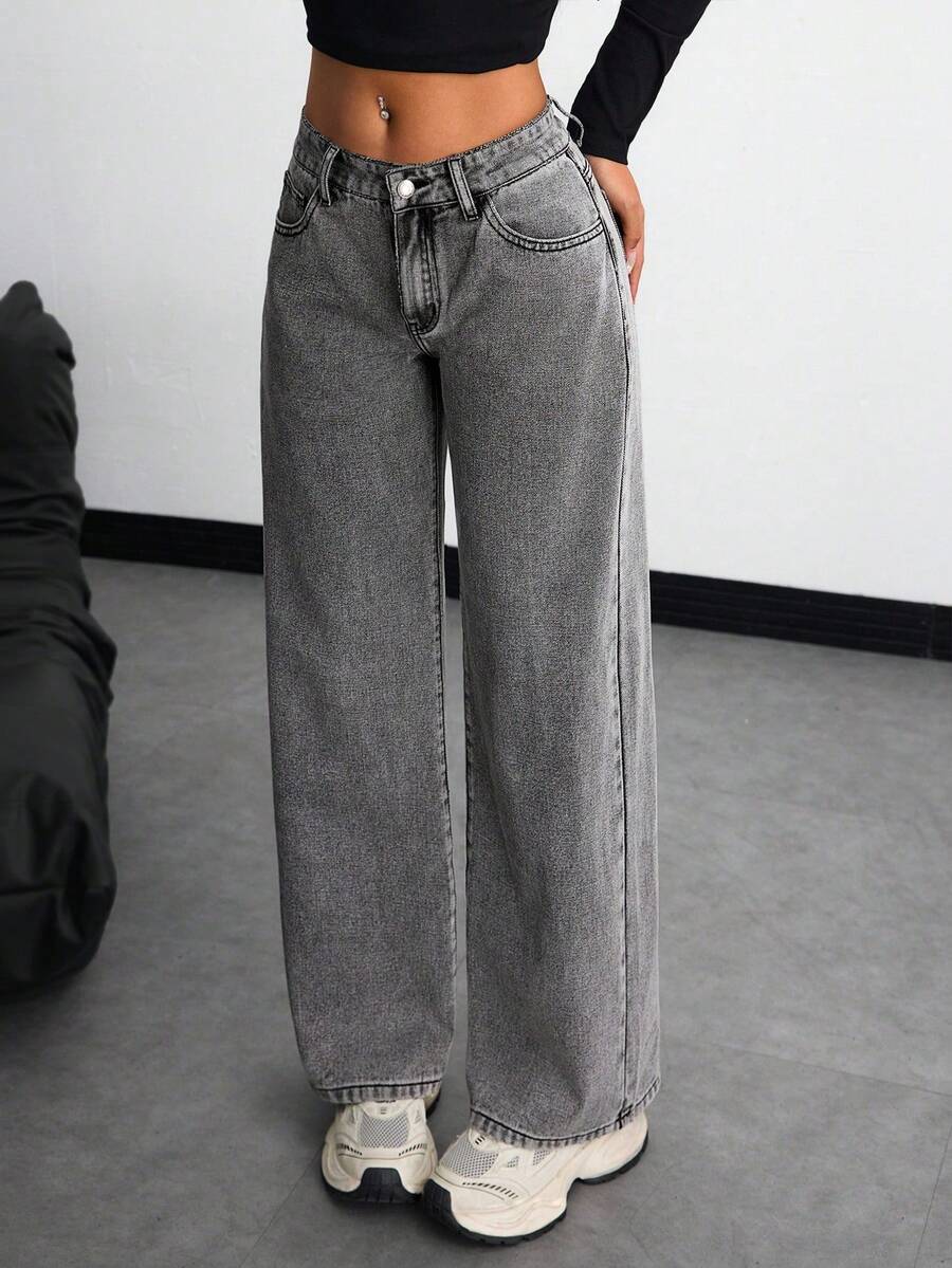 ICON Pantalones vaqueros de pierna ancha de unicolor, de bolsillo, informales y versátiles - Gris 4 - Ver 1