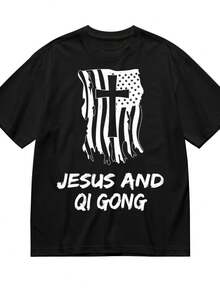 Jesus And Qi Gong Christian Qi Gong Therapist T-Shirt For Women Men Cotton Short Sleeve Crew Neck Graphic Top Tee - 黑色 - 查看 1