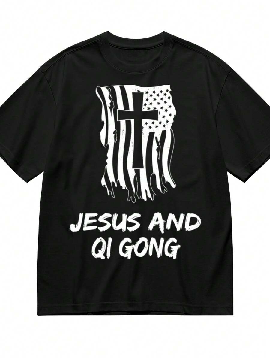 Jesus And Qi Gong Christian Qi Gong Therapist T-Shirt For Women Men Cotton Short Sleeve Crew Neck Graphic Top Tee - 黑色 - 查看 1