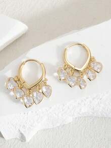 Par de Pendientes de Aro Pequeños de Lujo, Elegantes, Brillantes, Versátiles y de Alta Calidad, en Oro, Plata, Rosa, Coloridos, Melocotó, Forma de Gota de Agua y Corazó, conúltiples Ci - Oro blanco transparente con forma de corazón - Ver 7