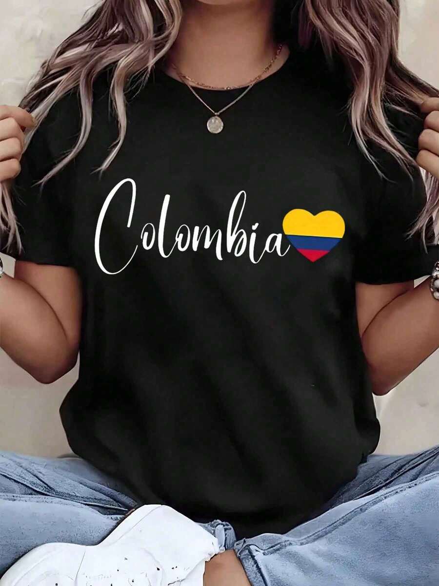 Women's Mexican Basic T-Shirt, 1 Pack, Colombian Heart Flag Print, Crew Neck, Casual Loose Fit, For Everyday Wear, Travel Souvenir Gift, 220g, Soft - 黑色 - 查看 1