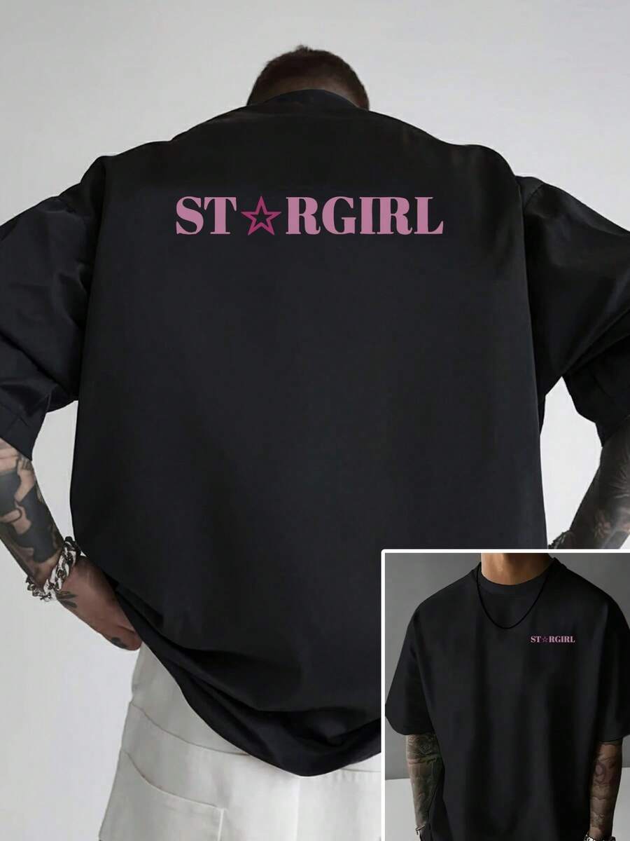 Camiseta de hombre con hombros caídos, TAR GIR, camiseta holgada para hombre con estampado de chica estrella, nueva ropa de hombre a la moda, una prenda esencial para hombre con diseño mod - Negro - Ver 1