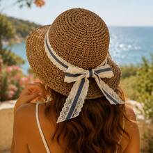 Sombrero de paja para salidas de verano y vacaciones, transpirable y plegable, sombrero de ala ancha para protección solar para mujeres. - Caqui - Ver 3