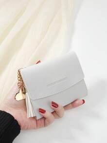SOUTHLAND&KANGAROO Cartera de Mujer PequeñBifold de Metal Blanco con Corazóy Borla Decorativa, con Monedero, Mini, Ligera, Minimalista, Moderna, Elegante, para Negocios, para Aniversario - Azul - Ver 1