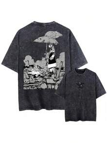 Camiseta Negra Oversize Lavada Estilo Vintage con Gráficos, Ropa para Hombre y Mujer, Diseño 'Umbrella Girl Ruins', Camiseta sin Mangas de Felpa Francesa Estilo Boxy Anime, Ropa Urbana Estil - Negro - Ver 1