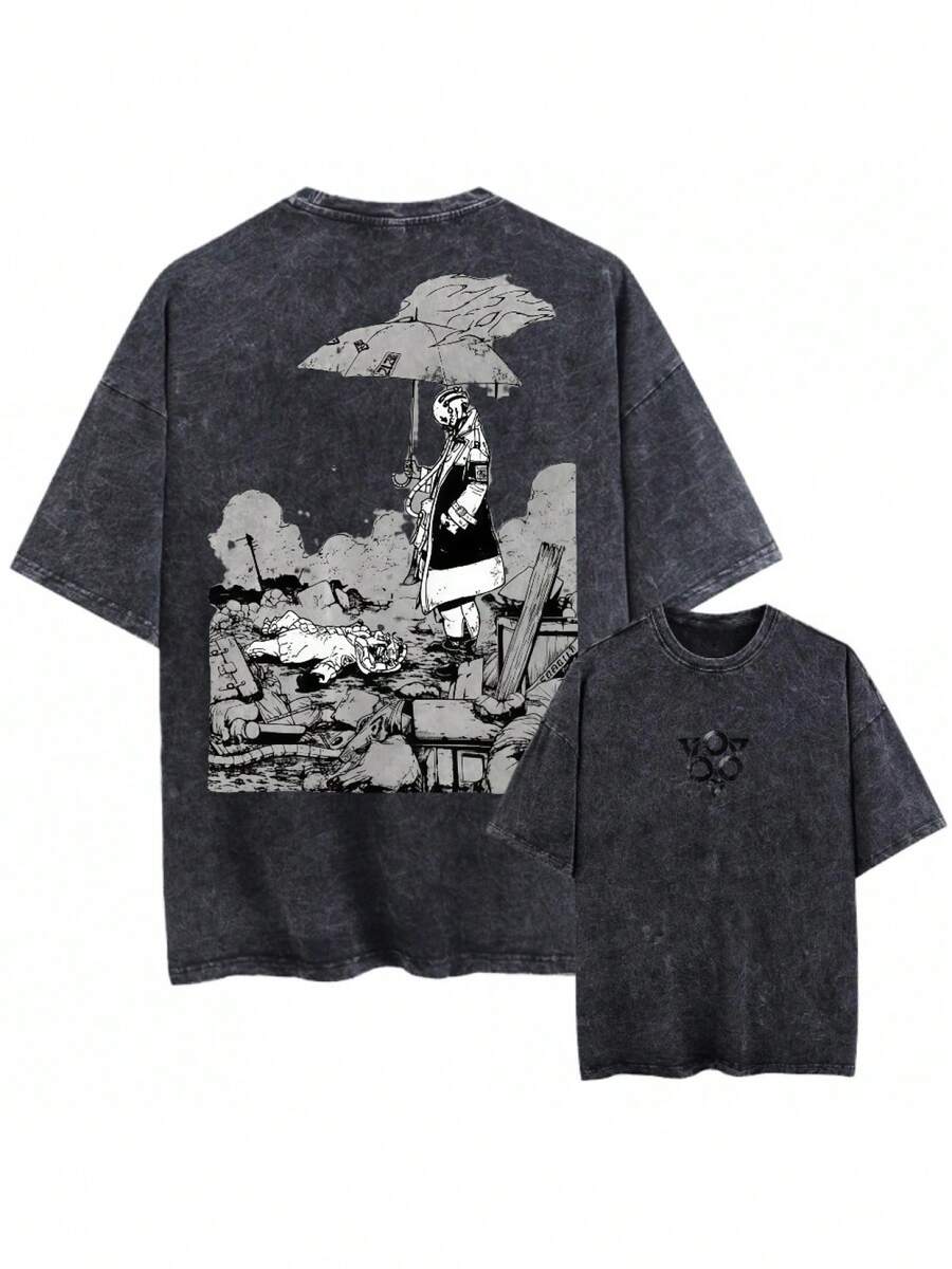 Camiseta Negra Oversize Lavada Estilo Vintage con Gráficos, Ropa para Hombre y Mujer, Diseño 'Umbrella Girl Ruins', Camiseta sin Mangas de Felpa Francesa Estilo Boxy Anime, Ropa Urbana Estil - Negro - Ver 1