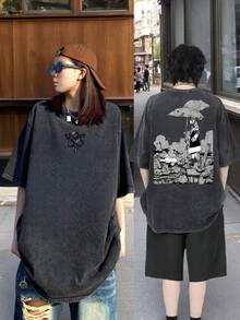 Camiseta Negra Oversize Lavada Estilo Vintage con Gráficos, Ropa para Hombre y Mujer, Diseño 'Umbrella Girl Ruins', Camiseta sin Mangas de Felpa Francesa Estilo Boxy Anime, Ropa Urbana Estil - Negro - Ver 3