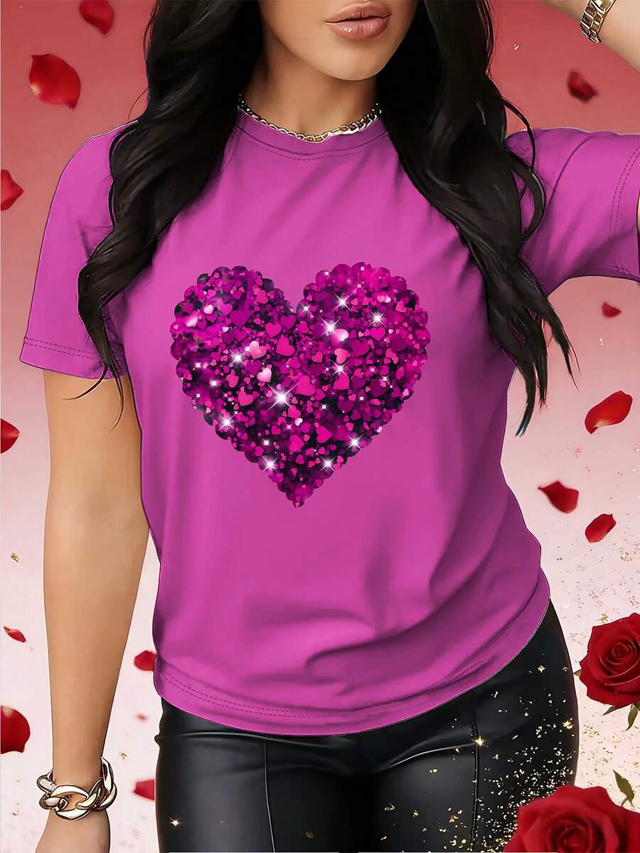 Valentine's Day Sweater With A Heart Print, Perfect For Spring And Fall. This Eye-Catching Short-Sleeved T-Shirt Is Suitable For Holidays, Dates, Parties, And Social Occasions. SCUY - 玫紅色 - 查看 1