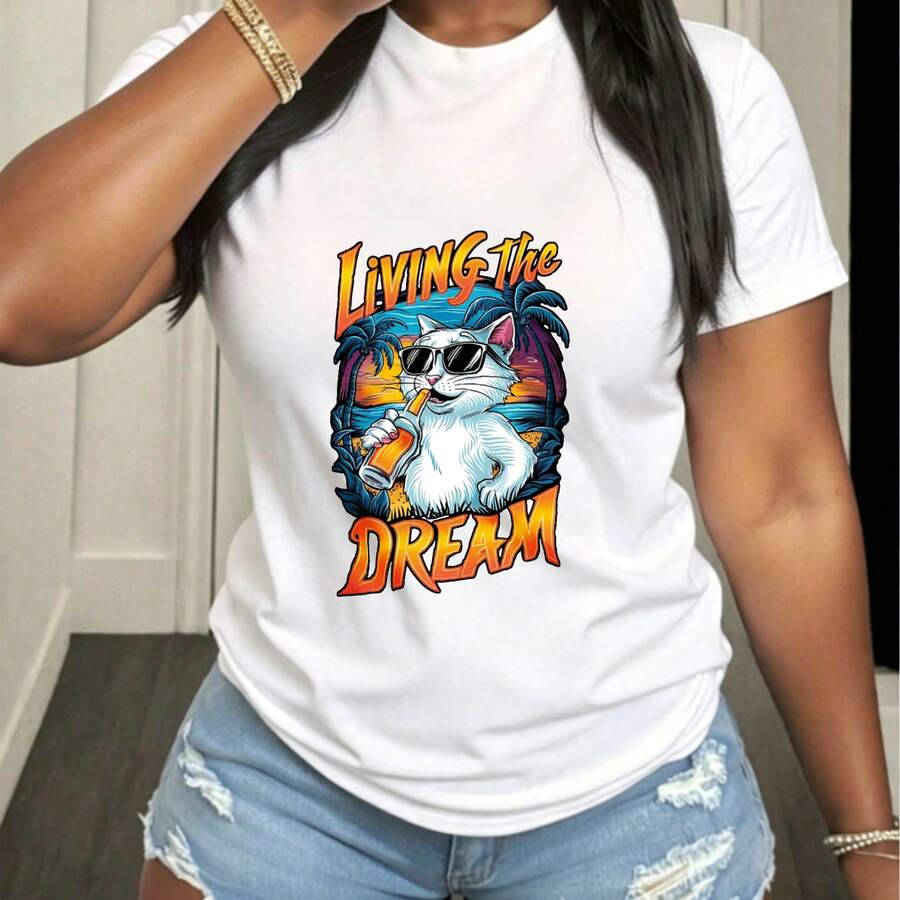 Estilo Veraniego, Manga Corta, Cuello Redondo, Blanco, Camiseta para Mujer, Gato con Gafas de Sol y Cóctel, Vacaciones en la Playa - Blanco - Ver 1