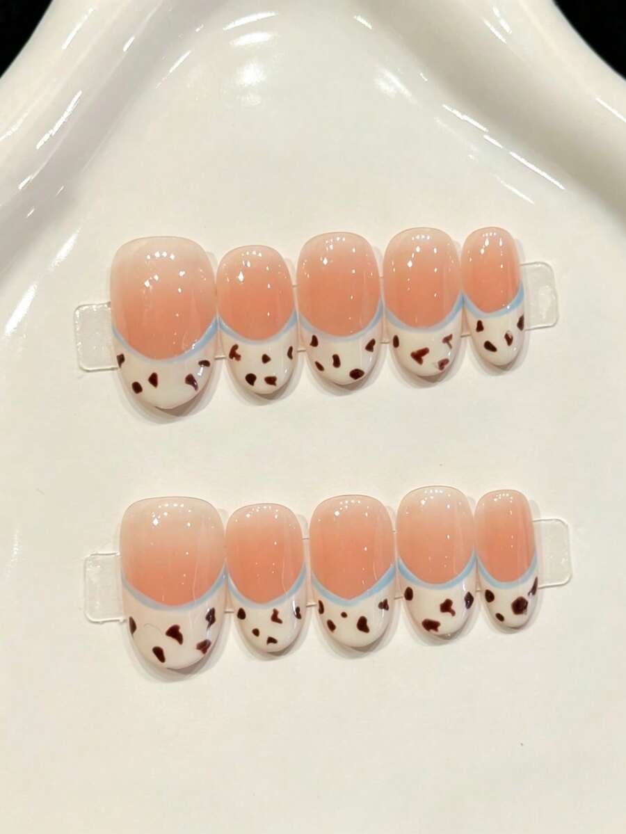 10 Peças Unhas Postiças Curtas e Redondas Feitas à Mão para Festa e Uso Diário, Unhas Brancas, Pontas de Unhas Postiças com Estampa de Leopardo Francês, Brilhantes, para Usar 10 Peças Unhas Postiças Feitas à Mão Y2K, Unhas de Verão, Adequadas para Meninas e Mulheres em Festivais, Festas e Uso Diário