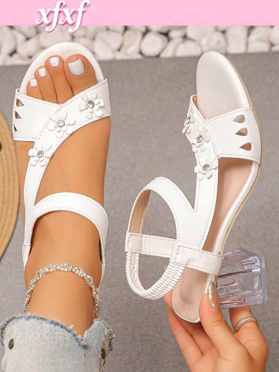 XfxfA Women's White Floral High Heel Sandals, Easy To Put On And Take Off, Suitable For Date/Wedding/Party