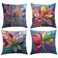 4pcs Colorful Stained Glass Lotus & Dahlia Print Pillow Covers, Art Nouveau Gold Line Mosaic Art Square Decorative Cushion Covers, Suitable For Living Room, Bedroom, Wedding, Bridal Shower, Housewarming, All-Season Home Decor - Multicolor - View 9