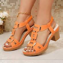 Sandal Wedges Platform Gesper Warna Solid Retro Wanita Ukuran Besar, Sepatu Pantai, Sepatu Musim Panas - Jeruk - View 13