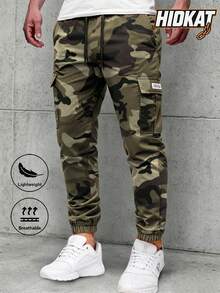 Hidkat Men's Lightweight Thin Camouflage Cargo Pants, Large Pockets Design, Elastic Waist With Drawstring, Breathable Jogger Pants For Casual Outdoor Activities, Spring/Autumn - Khaki - View 2
