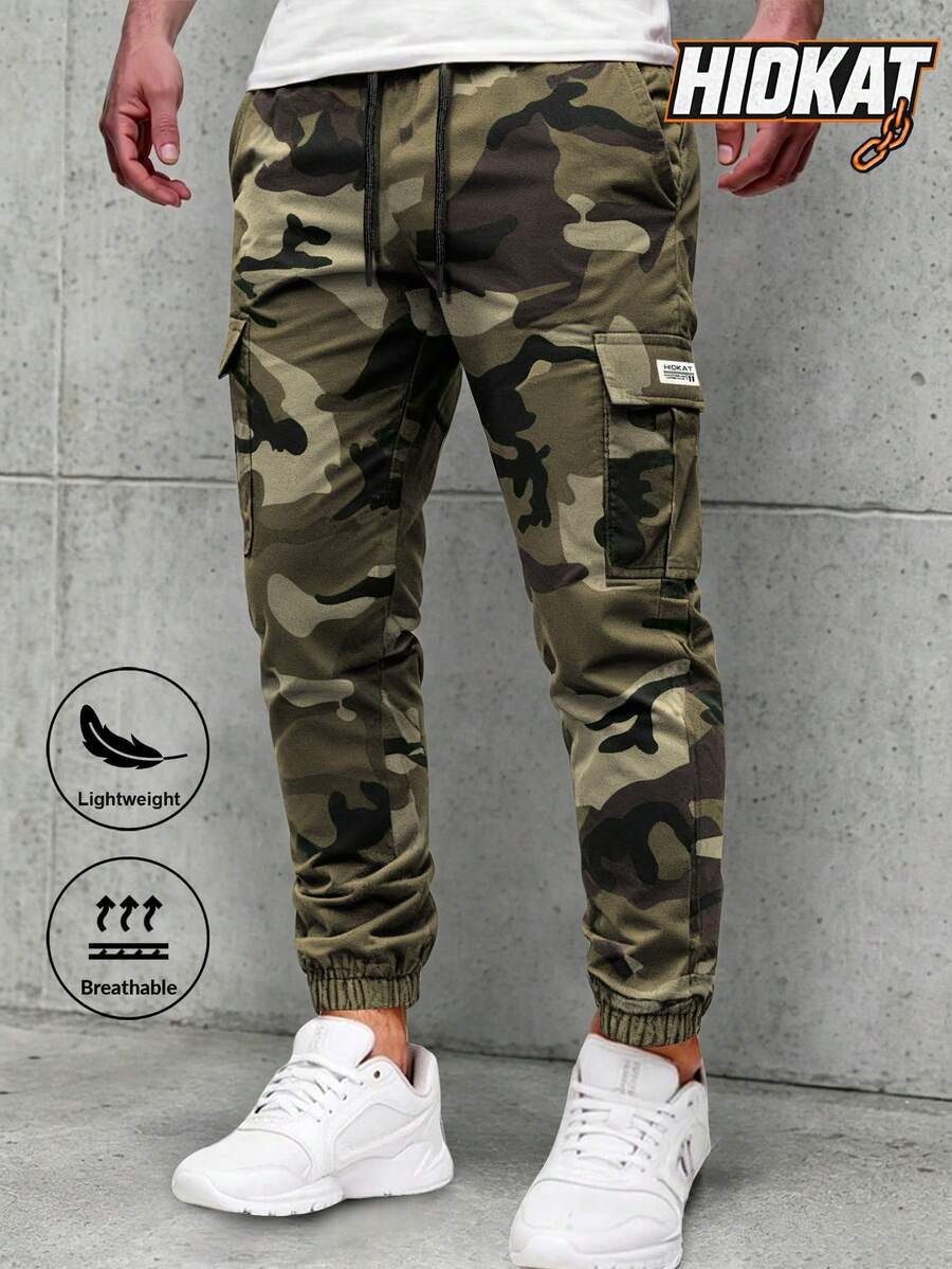 Hidkat Men's Lightweight Thin Camouflage Cargo Pants, Large Pockets Design, Elastic Waist With Drawstring, Breathable Jogger Pants For Casual Outdoor Activities, Spring/Autumn