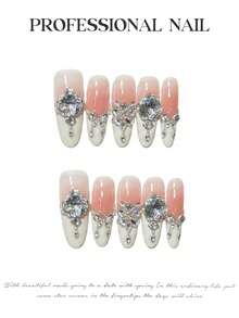 10pcs Bridal Crystal Handmade Press On Nails, Nude Pink Gradient French Tip, Sparkly Silver Rose & Flower Rhinestone Fake Nails, Reusable Medium/Long Oval Fake Nails For Beach Vacation, Grad Prom, With Jelly Gel And Nail File, DIY Nail Art Supplies - Pink - View 6