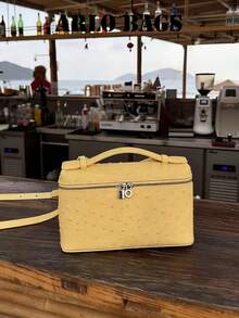 Sac à main mini jaune à la mode en forme de boîte avec poignée fine et double fermeture éclair métallique, sac bandoulière élégant pour le maquillage, parfait pour les jeunes femmes et les passionnées de rendez-vous, idéal pour les rendez-vous café, les événements de mariage, les achats du week-end et les promenades de loisirs en ville - Jaune citron - Voir 3