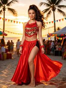 Belly Dance Coin Fringe Mesh Halter Crop Top, Double High Slit Flowy Satin Maxi Skirt For Stage Performance & Carnival - Multicolor - View 13