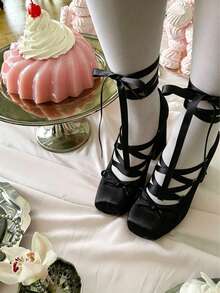 Ballet Mary Janes High Heels For Women Square Toe Satin Lace Up Ballerina Stiletto Heels With Bow Elegant Wedding Party Pump Heels For Women  - a黑色 - 查看 10