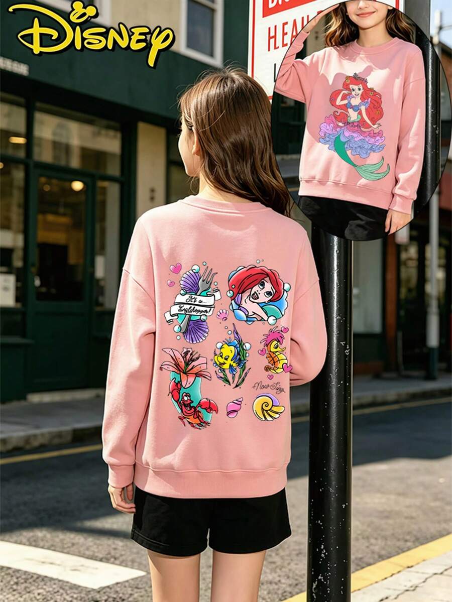 Teen Girl Clothes Disney Ariel Under Sea Seashell Print Loose Fit Crewneck Sweatshirt - 藕粉色 - 查看 1