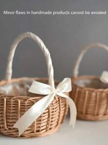1pc Woven Rattan Wedding Flower Basket, Modern Bow Decor Flower Girl Basket, Suitable For Wedding And Christmas - Apricot - View 1