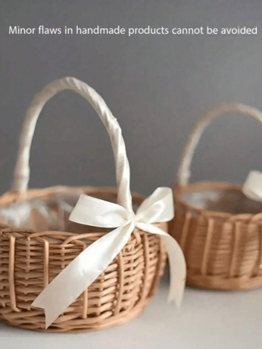1pc Woven Rattan Wedding Flower Basket, Modern Bow Decor Flower Girl Basket, Suitable For Wedding And Christmas - Apricot - View 1