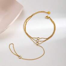 1pc Stainless Steel Women's Gold-Tone Triple Layer Round Zirconia Chain Finger Back Hand Bracelet - Gold - View 7