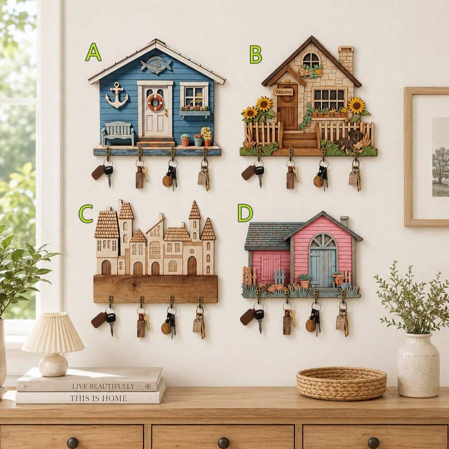 Estante de llaves vintage de estilo rústico con impresión plana 2D - Decoración para entrada, cocina, porche - Soporte de llaves con forma de casa de madera, adecuado para el hogar, la oficina - Fácil de colgar e instalar - Multicolor - Ver 1