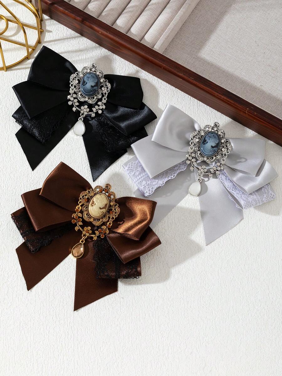 1PC Elegant Style Large Bowtie Shaped Rhinestone Embellished Portrait Ribbon Fabric Brooch, Handmade Women's Corsage Jewelry Lapel Pin For Daily Wear And Date Gift - classic - View 1