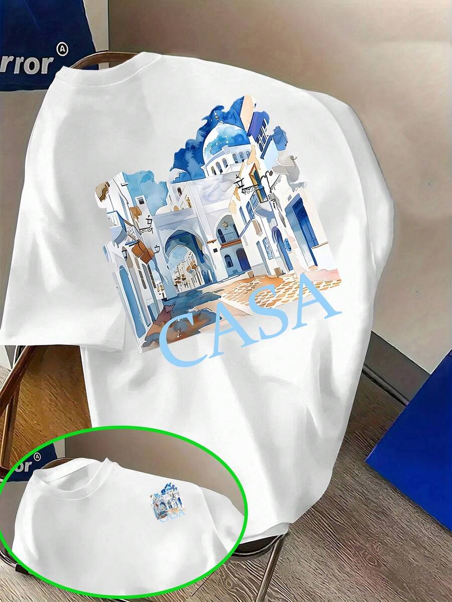 Camiseta Mediterránea de Estilo Norteafricano con Estampado en Acuarela - Azul Claro, Adecuada para Uso Diario y Ropa Deportiva Casual, Cuello Redondo, Manga Corta con Estampado de Ciudades Árabes - Blanco - Ver 1