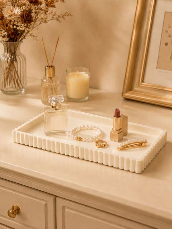 1pc Cream White Ribbed Jewelry Tray, Elegant Rectangular Decorative Organizer Tray For Rings, Necklace, Bracelet, Perfume & Vanity Table Decor,Gifts For Women,Room Decor,Jewelry Organizer,Jewelry Holder,Vanity Organizer,Makeup Brush Holder