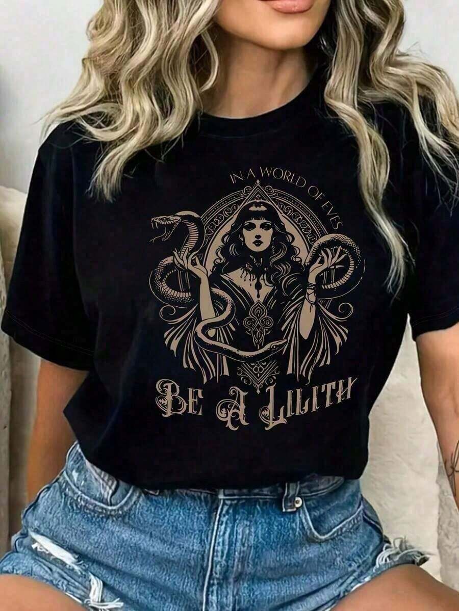 Elegant Blouses For Young Women, Plus Size Casual T-Shirt, Summer Tops 2026, Women's Casual T-Shirt With Letter And Snake Print, Round Neck, Loose And Comfortable, Summer Clothing - 黑色 - 查看 1