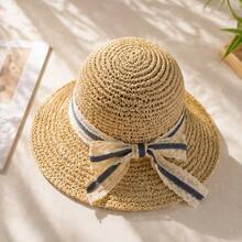 Sombrero de paja para salidas de verano y vacaciones, transpirable y plegable, sombrero de ala ancha para protección solar para mujeres. - Beis - Ver 4