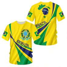 1 Piece Round Neck Men Brazil Football Tee, Vivid 3D Full Flag & Emblem Print Casual Short Sleeve Fan Athletic Wear - Default - View 1