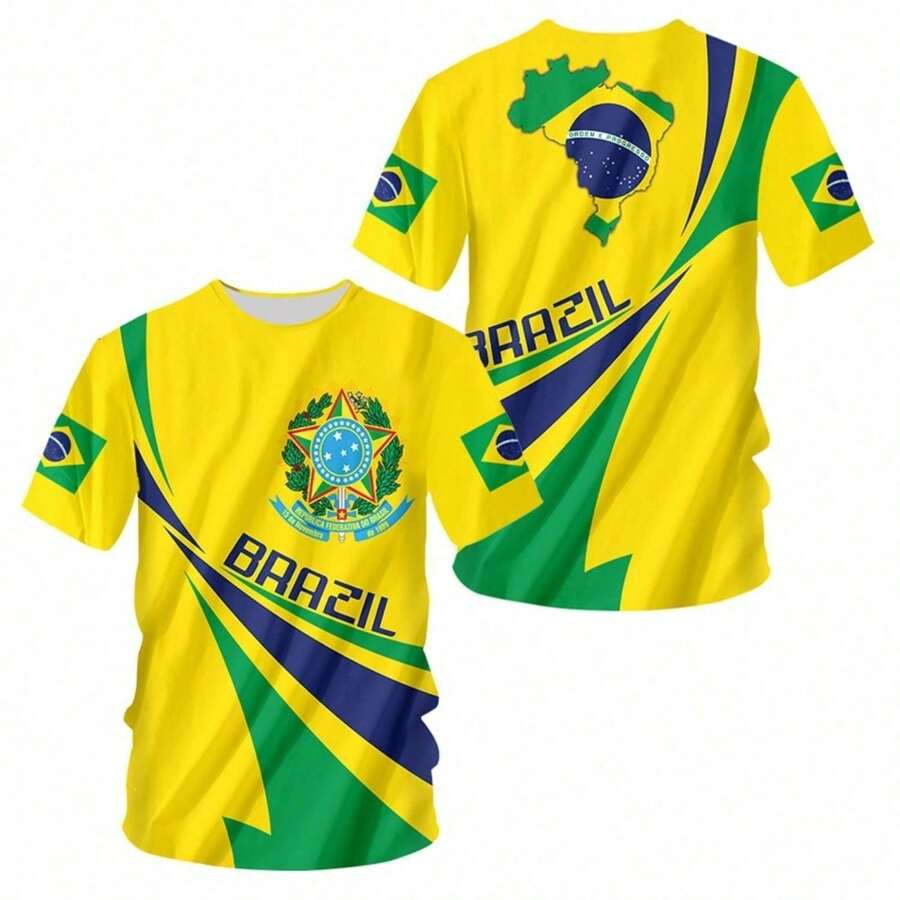 1 Piece Round Neck Men Brazil Football Tee, Vivid 3D Full Flag & Emblem Print Casual Short Sleeve Fan Athletic Wear - Default - View 1