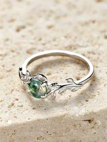 1pc Delicate Four-prong Setting Round Green Chalcedony & Leaf Shaped Silver Ring, Ideal For Engagement & Wedding Gift - Green - View 6