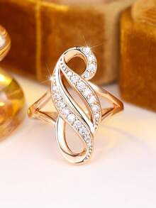 Vanel 1piece Chic Golden Intertwined Wave Swirl Ring, Full Line Paved Round CZ Band Daily Wear - Golden Yellow-white - View 3