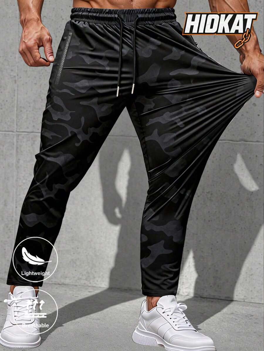 Hidkat Men's Fashionable Elastic Camouflage Pants, Lightweight Breathable With Zipper Pockets, Suitable For Fitness, Jogging, Outdoor Activities In Spring And Autumn Sports