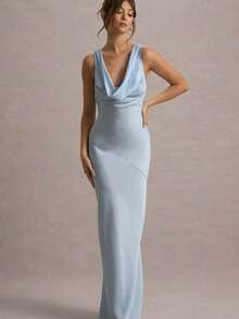 Spring And Autumn Women's Folded Ribbon Sparkling Evening DressLoose And Comfortable - Light Blue - View 4
