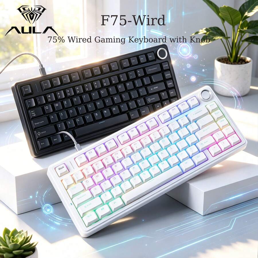 AULA F75 Hot-Swappable Gaming Keyboard, Fully Anti-Spoofing Keys, Ergoromic PBT Keycaps, RGB Backlighting, Type-C Connection Cable, Linear Tactile Clicky Mechanical Switches, Suitable For Office Use And Electronic Sports Enthusiasts