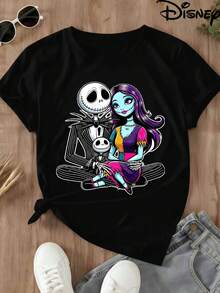 Disney Character Print Women's Plus Size Round Neck T-Shirt Jack Skellington And Write Princess Sitting Together Casual Wear - 黑色 - 查看 4