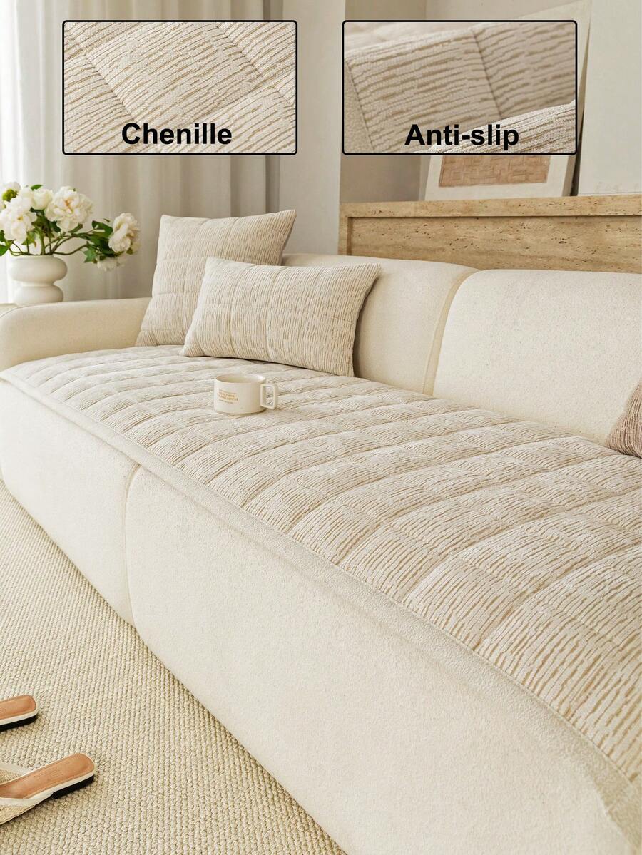 1pc Modern Minimalist Chenille Sofa Cover, Fashion Design Sofa Protector, Anti-Slip, Anti-Scratch, Dust-Proof, Stain-Resistant, Pet-Friendly Sofa Pad, Suitable For 1, 2, 3, 4-Seater And L-Shaped Sofas, All-Season Living Room Sofa Cover, Machine Washable, Hand Washable, Dry Cleanable, Holiday Decoration - Beige - View 1