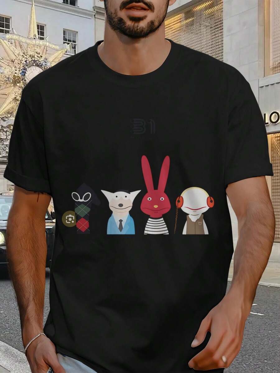 [Estampado Gráfico de Personaje de Dibujos Animados para Camisas de Hombre] - Negro - Ver 1
