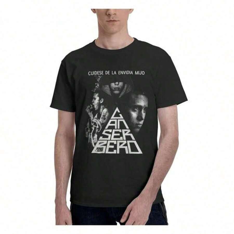 Camiseta% algodón con estampado de San Valentín, camiseta de hombre Canserberos, camisetas de novedad, camiseta gráfica impresa, camiseta de moda de algodón de manga corta, negra,% algodón, - Negro - Ver 1