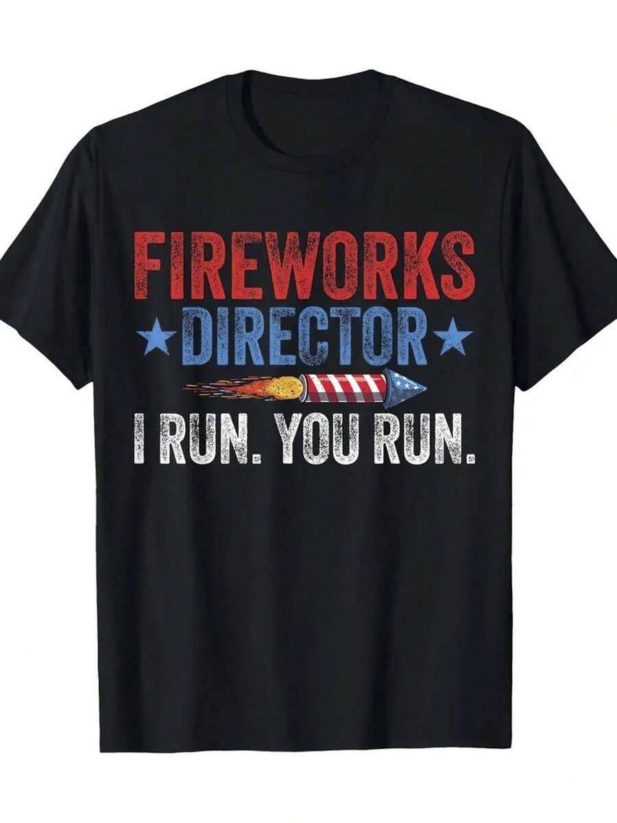 Men'S Patriotic Fireworks Director Graphic T-Shirt, I Run Design With American Flag And Fireworks, Crew Neck Short Sleeve Regular Fit Medium Stretch, - Black - View 1